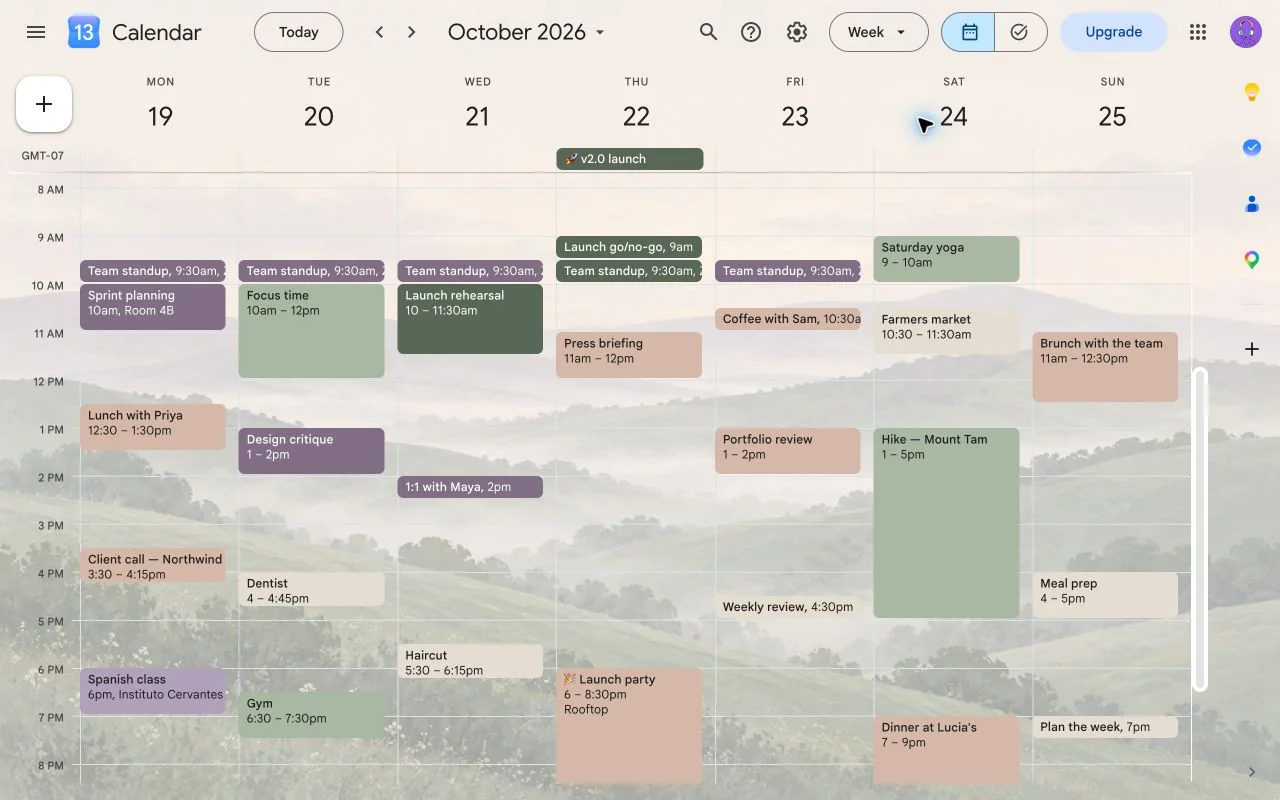 A Google Calendar week view over a misty green hillside background, softened by a light veil