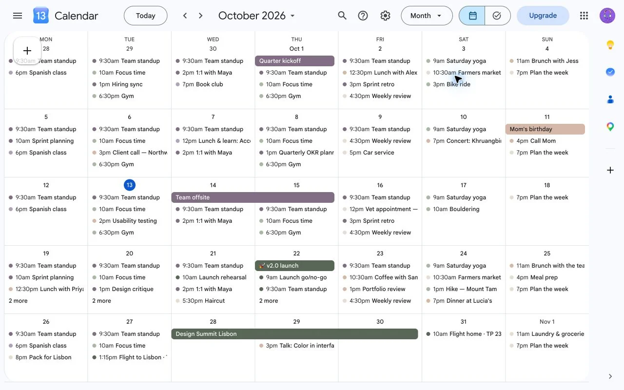 A Google Calendar month view where each event's dot and bar use its custom color