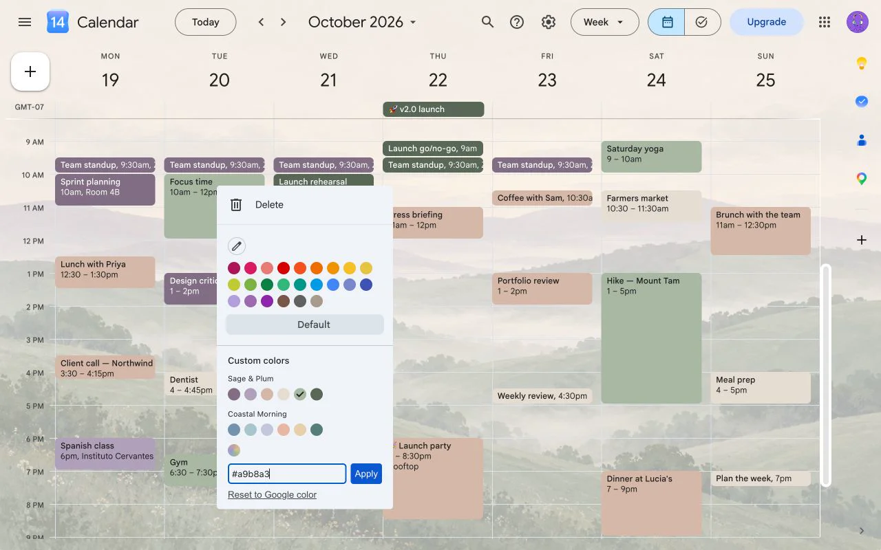 Google Calendar's right-click event menu with CalHue's Custom colors section below Google's colors: the Sage & Plum and Coastal Morning palettes, a color picker, a HEX field and Reset to Google color