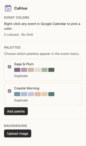 The CalHue popup listing the Sage & Plum and Coastal Morning palettes with checkboxes, an Add palette button and an Upload image button