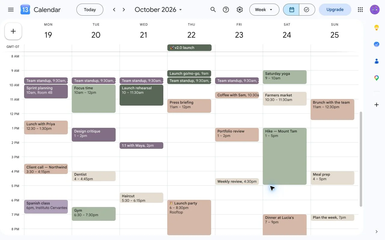 A Google Calendar week view with events in soft sage, plum and sand colors chosen with CalHue